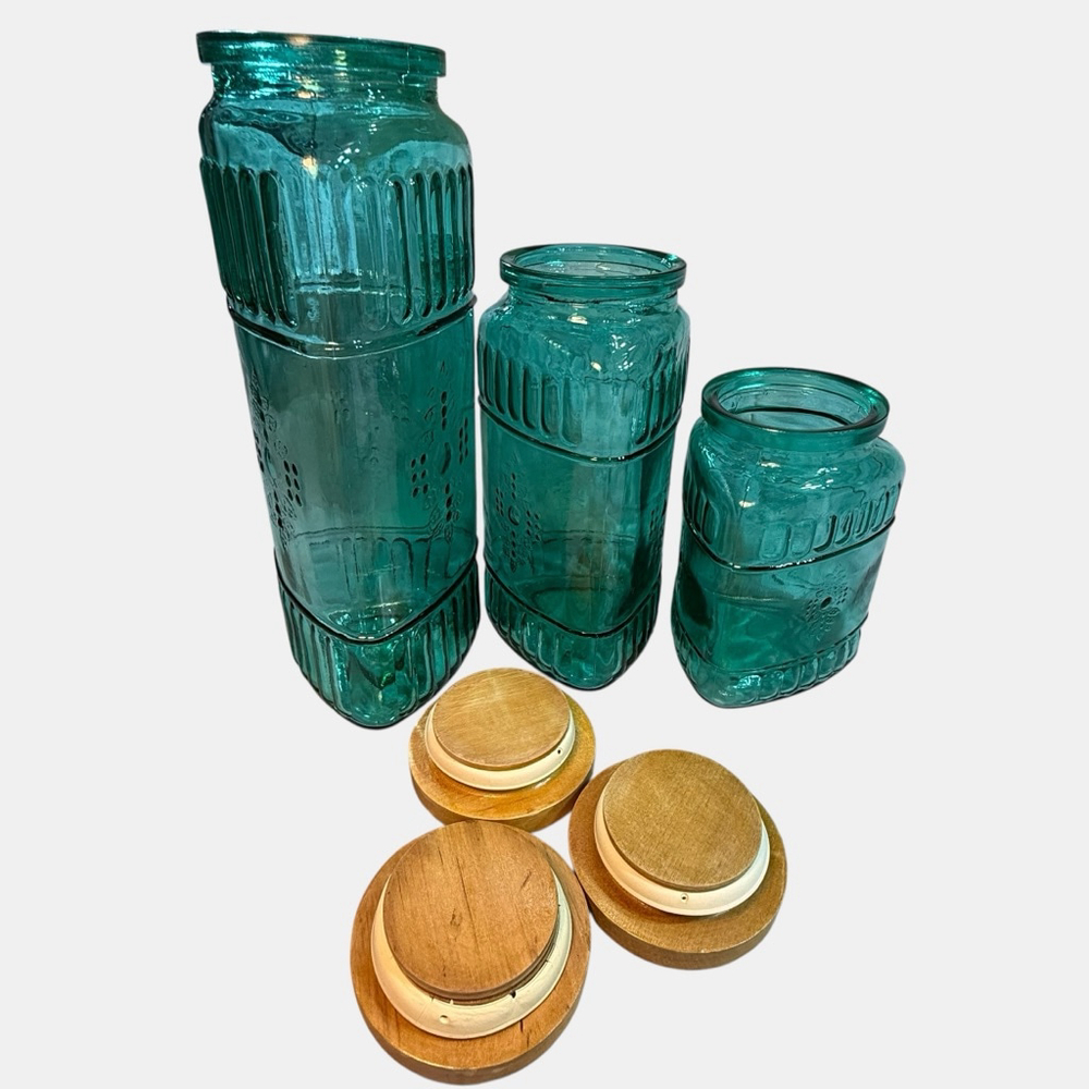 Vintage Turquoise Triangle Shaped Set Of Three Canister Set With Embossed Design - Picture 7 of 10